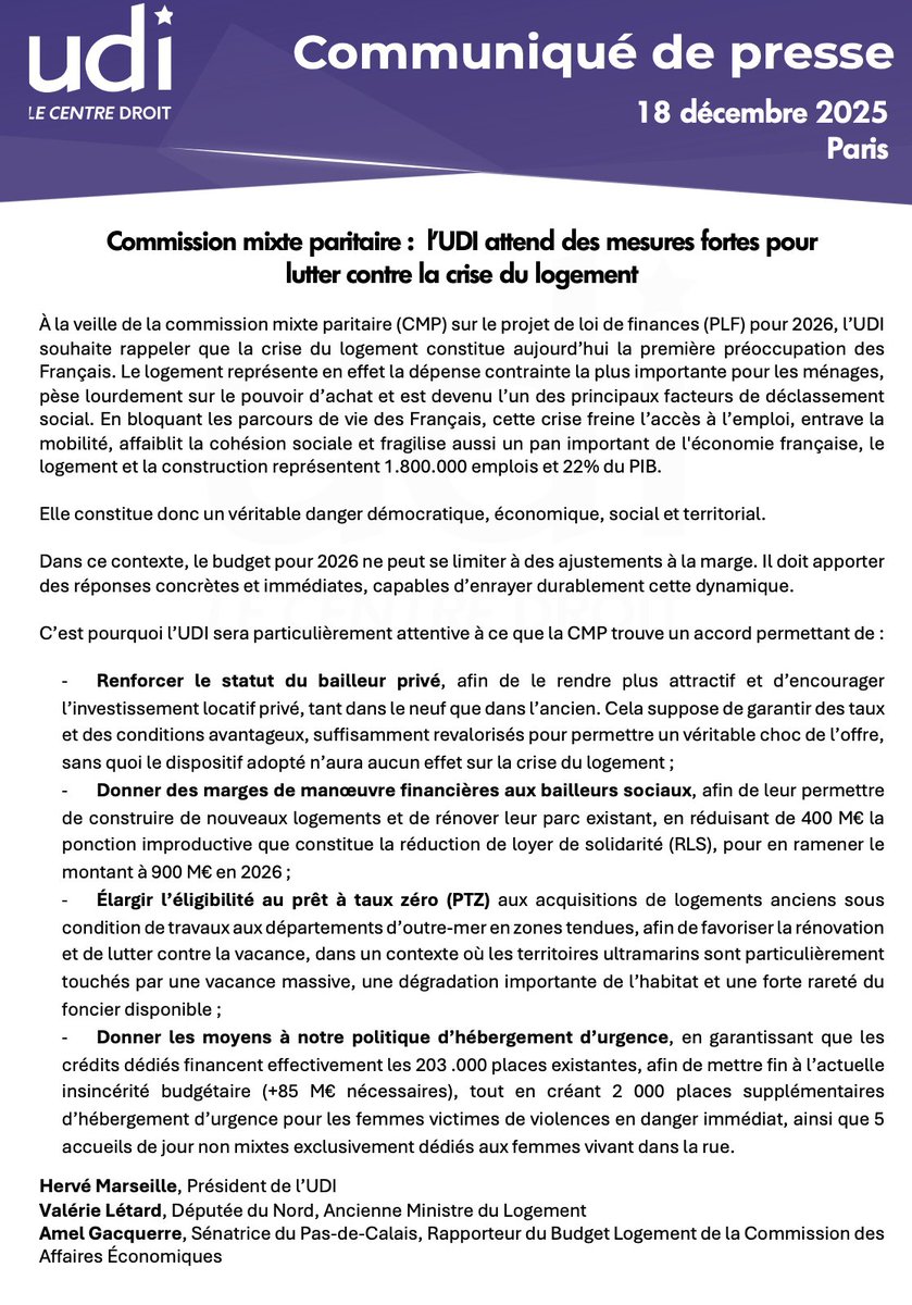 UDI_off's tweet image. [Communiqué de presse]
À la veille de la commission mixte paritaire (#CMP) sur le projet de loi de finances (#PLF2026), l’UDI avance des mesures fortes pour lutter contre la crise du logement.