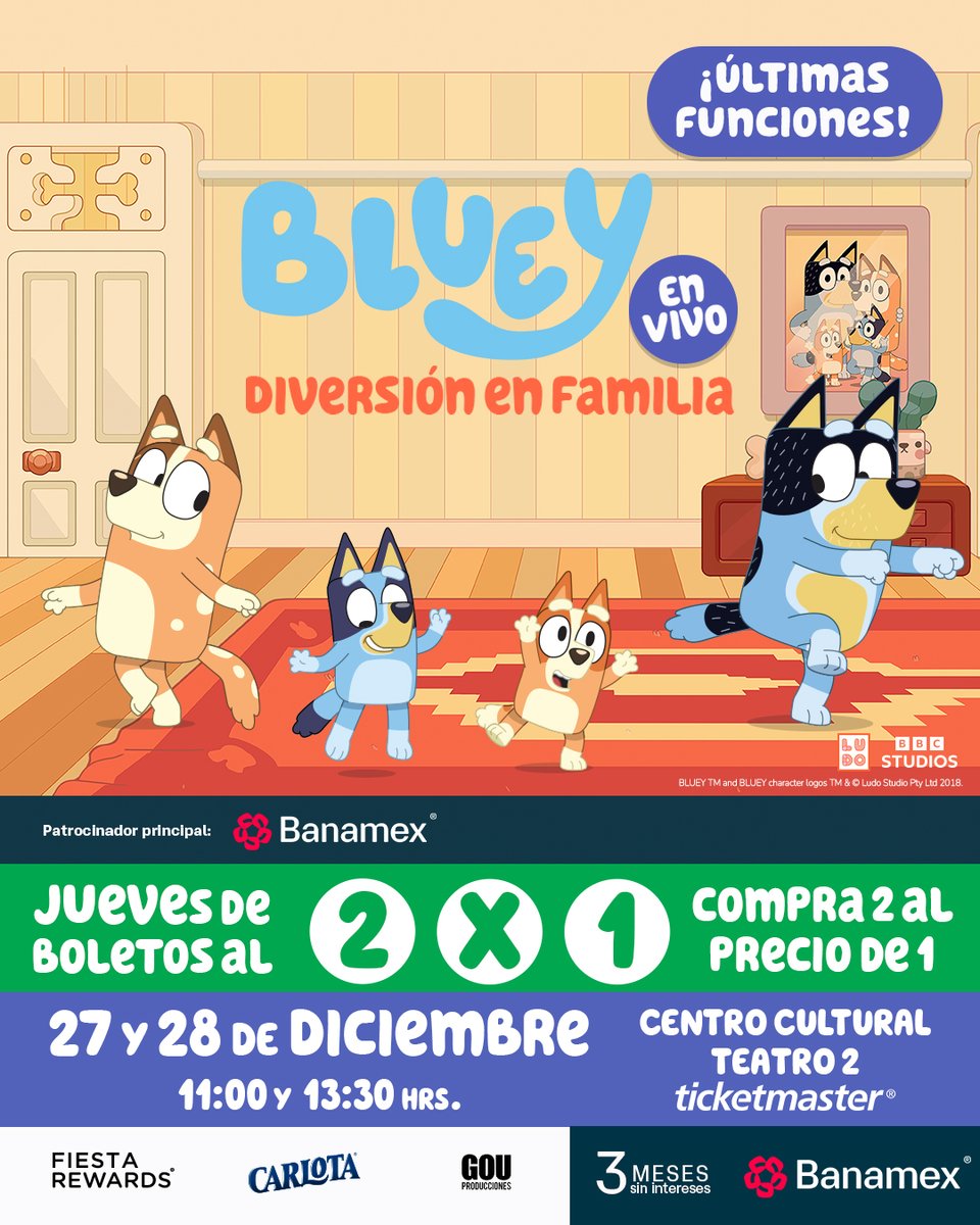 gouproducciones's tweet image. ¡Hoy jueves la diversión viene en combo! 🐶🐾🩵

Aprovecha el #2x1 en @ticketmaster_mx y vive Bluey, show en vivo, una experiencia llena de risas, música y momentos inolvidables para toda la familia🎈🙌🏼

📅 27 y 28 de diciembre
📍 Centro Cultural Teatro 2