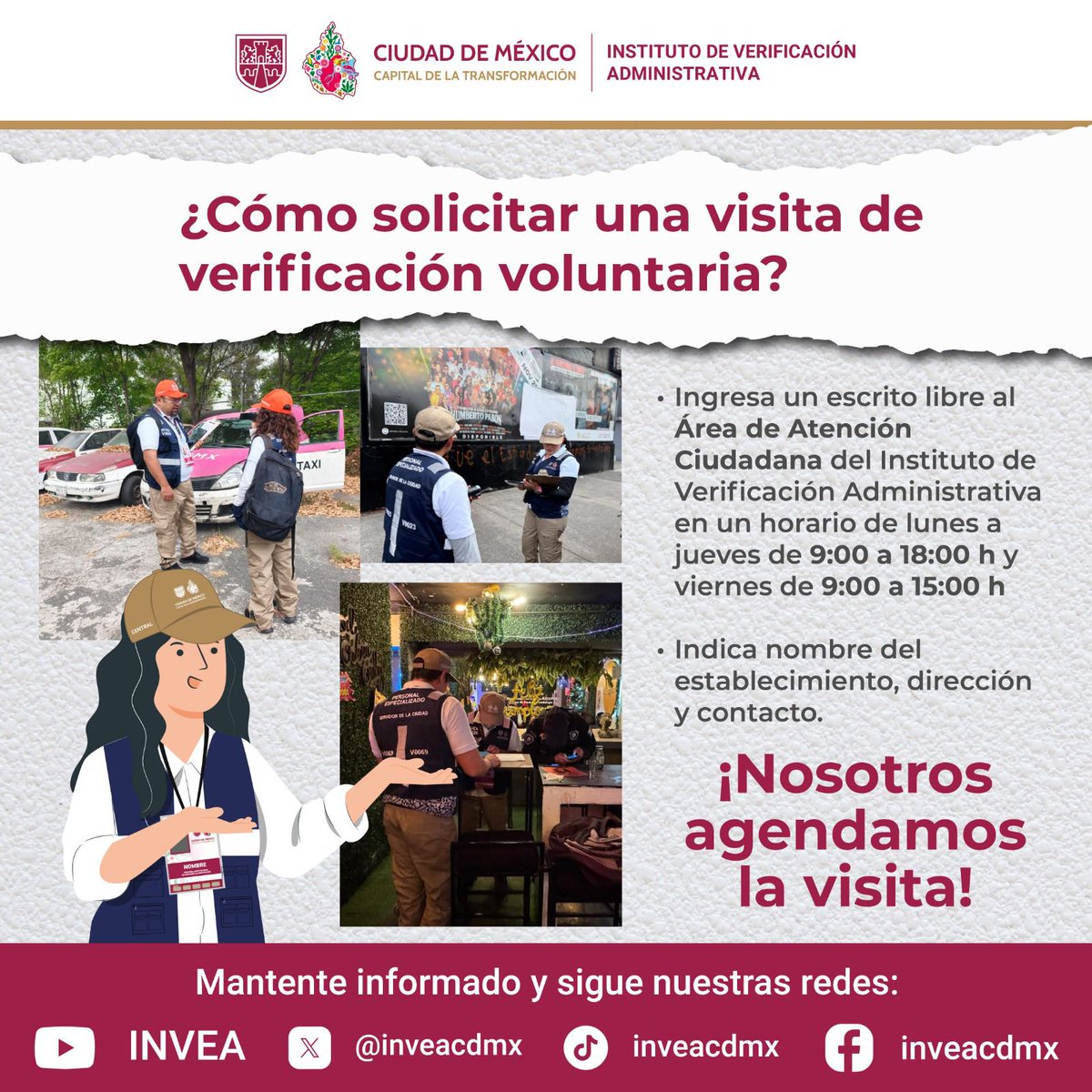 inveacdmx's tweet image. 🙃¿Tienes un #negocio, #obra o unidad de #transporte? 🤔
Solicita una visita de #verificación voluntaria y conoce el estatus de tus permisos y licencias.

😃Acércate a nuestra área de Atención Ciudadana: ¡Con gusto te atenderemos!

🧡😎Horarios de atención:
🕘 Lunes a jueves:
