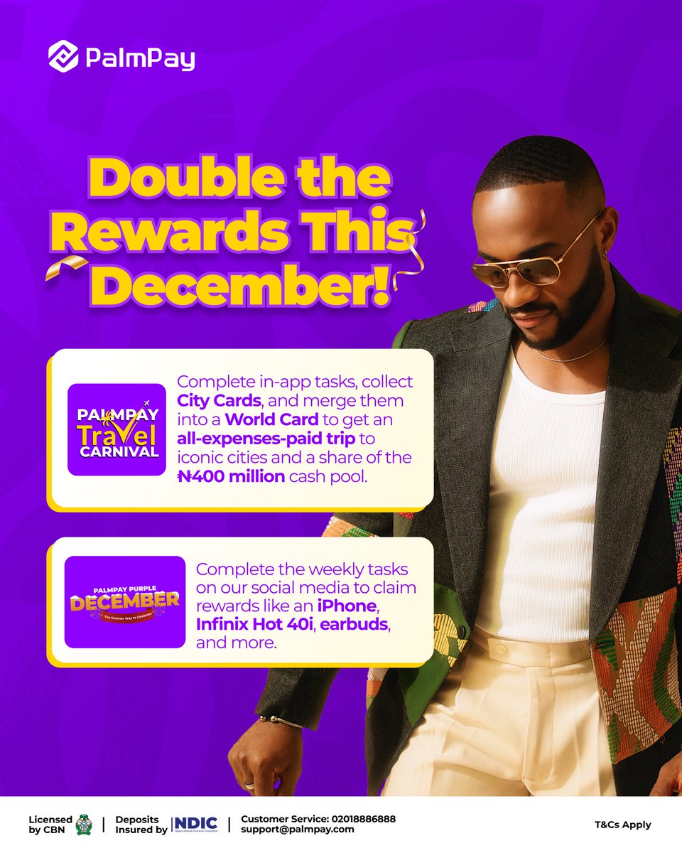 palmpay_ng's tweet photo. There are two ways to claim rewards from us this December, and you don't want to miss either of them.

PalmPay Travel Carnival
Complete tasks inside the PalmPay app, collect City Cards, merge them into a World Card, and stand a chance to win an all-expenses-paid trip to iconic cities and a share of the ₦400 million cash pool.

PalmPay Purple December
Complete weekly tasks on our social media pages to win exciting rewards like an iPhone, Infinix Hot 40i, earbuds, and more.

Different tasks. Different rewards.

Make sure you follow us and turn on post notifications to stay updated on weekly Purple December tasks.