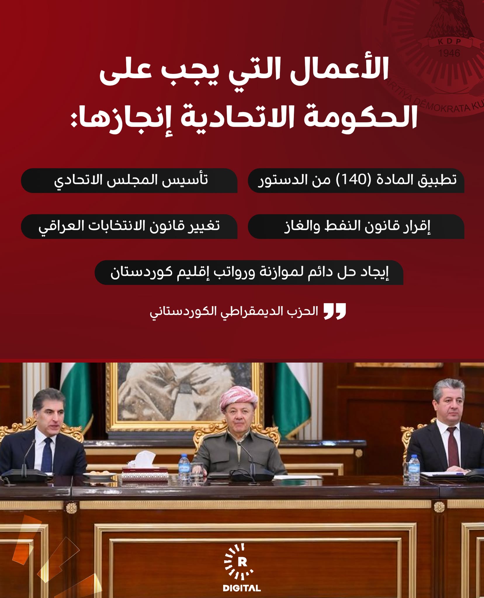 حدد الحزب الديمقراطي الكوردستاني، مجموعة أعمال تستوجب على الحكومة الاتحادية إنجازها "لأنها لم تنجز لأي سبب أو مبرر كان" في الكابينة المقبلة، أبرزها "إيجاد حل دائم لموازنة ورواتب إقليم كوردستان" وذلك خلال اجتماع لجنته المركزية الموسع برئاسة الرئيس مسعود بارزاني 