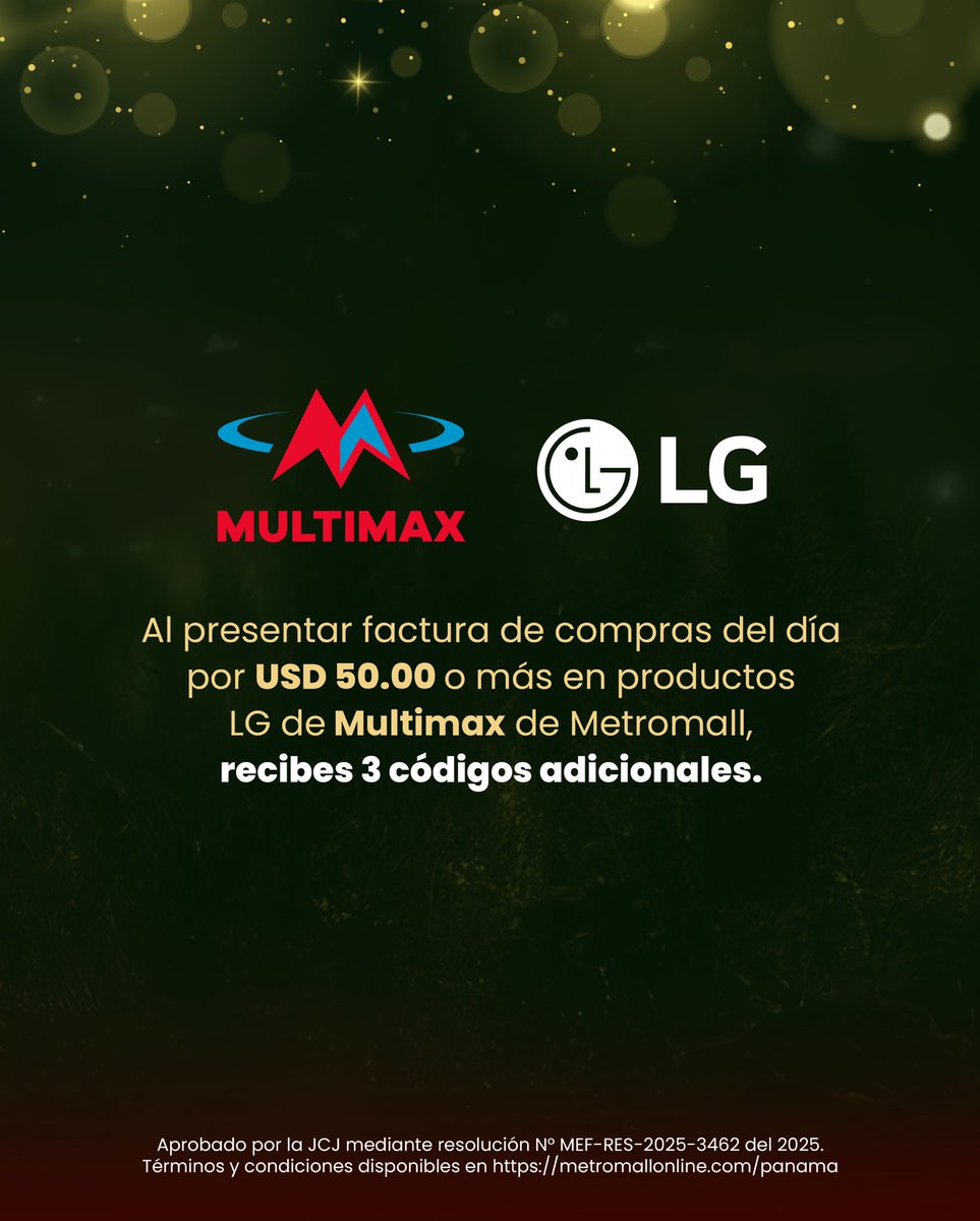 Tu destino es ganar ✨
Por cada USD 50.00 o más en compras acumulables en Metromall recibe tu código para la tómbola.
Aprobado por la JCJ mediante resolución N° MEF-RES-2025-3462 del 2025.
Términos y condiciones disponibles en metromallonline.com/panama