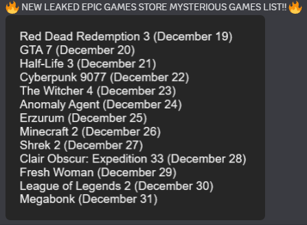 Checkpointarea's tweet image. 🚨🚨🚨 Epic Games Store Gizemli oyunlar listesi yeniden sızdırıldı. 

Bu sefer ki liste daha mantıklı oyunlar içeriyor gibi.