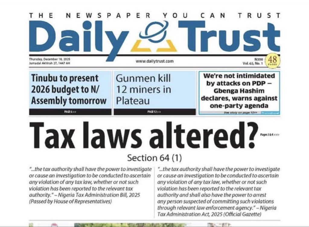 Two (2) versions  of section 64(1) of the Tax act 2025.

Version (1) one as passed by the two chambers.

Version (2)  as criminally and fraudulently inserted by desperados so that they can  ARREST, PROSECUTE , DETAIN AND IMPRISON their perceived enemies at will.

This is purely