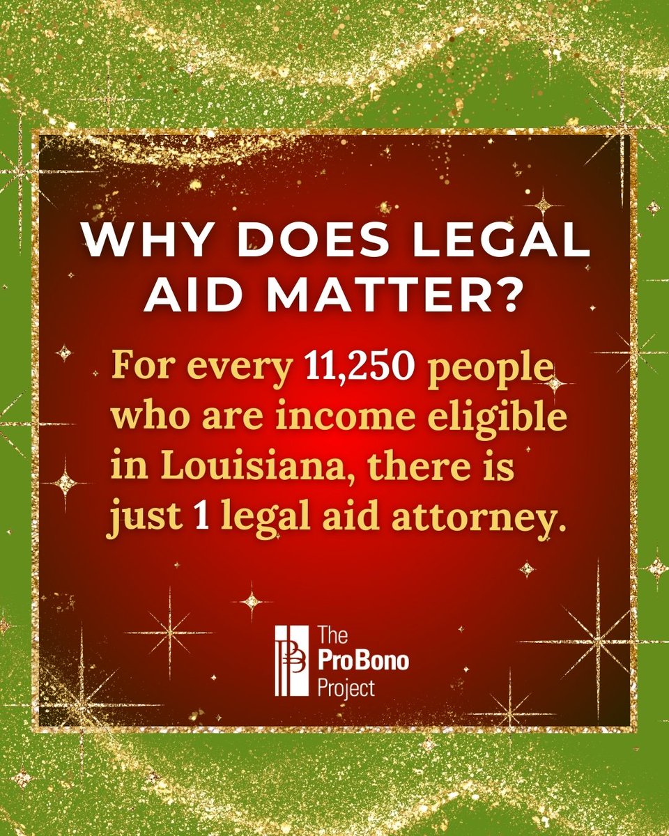 For every 11,250 people who are income eligible in Louisiana, there is just 1 legal aid attorney.

Your gift gives can help us to decrease that ratio, and ensure access to justice for all.

Donate now at bit.ly/3Mo3VHF