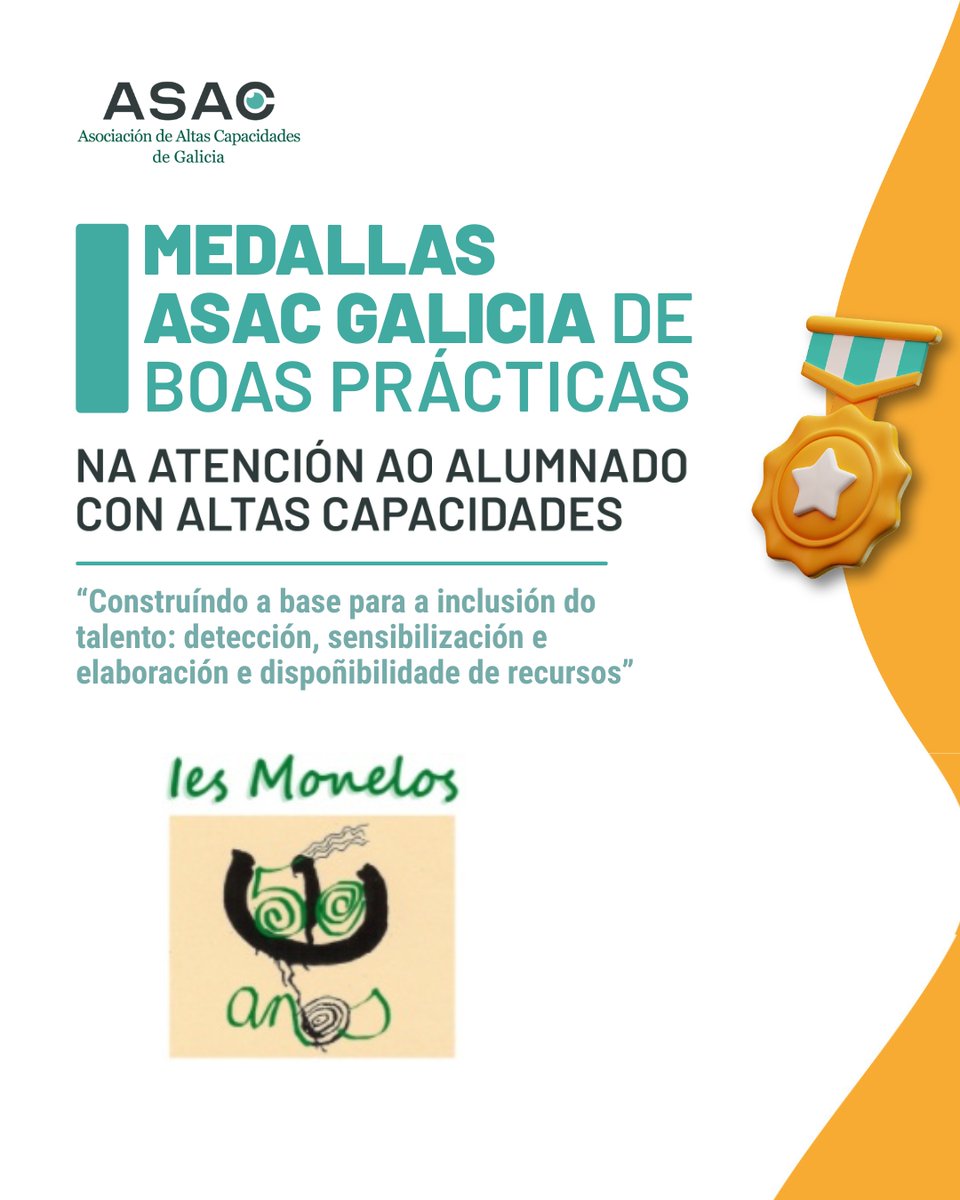 AsacGalicia's tweet photo. Medalla ASAC Galicia 2025 a IES Monelos (A Coruña) polo proxecto educativo “Construíndo a base para a inclusión do talento: detección, sensibilización e elaboración e dispoñibilidade de recursos”.
Este premio ten unha dotación económica de 1.000 €.
#asacgalicia  #medallasasac https://t.co/Lg66zXzycs