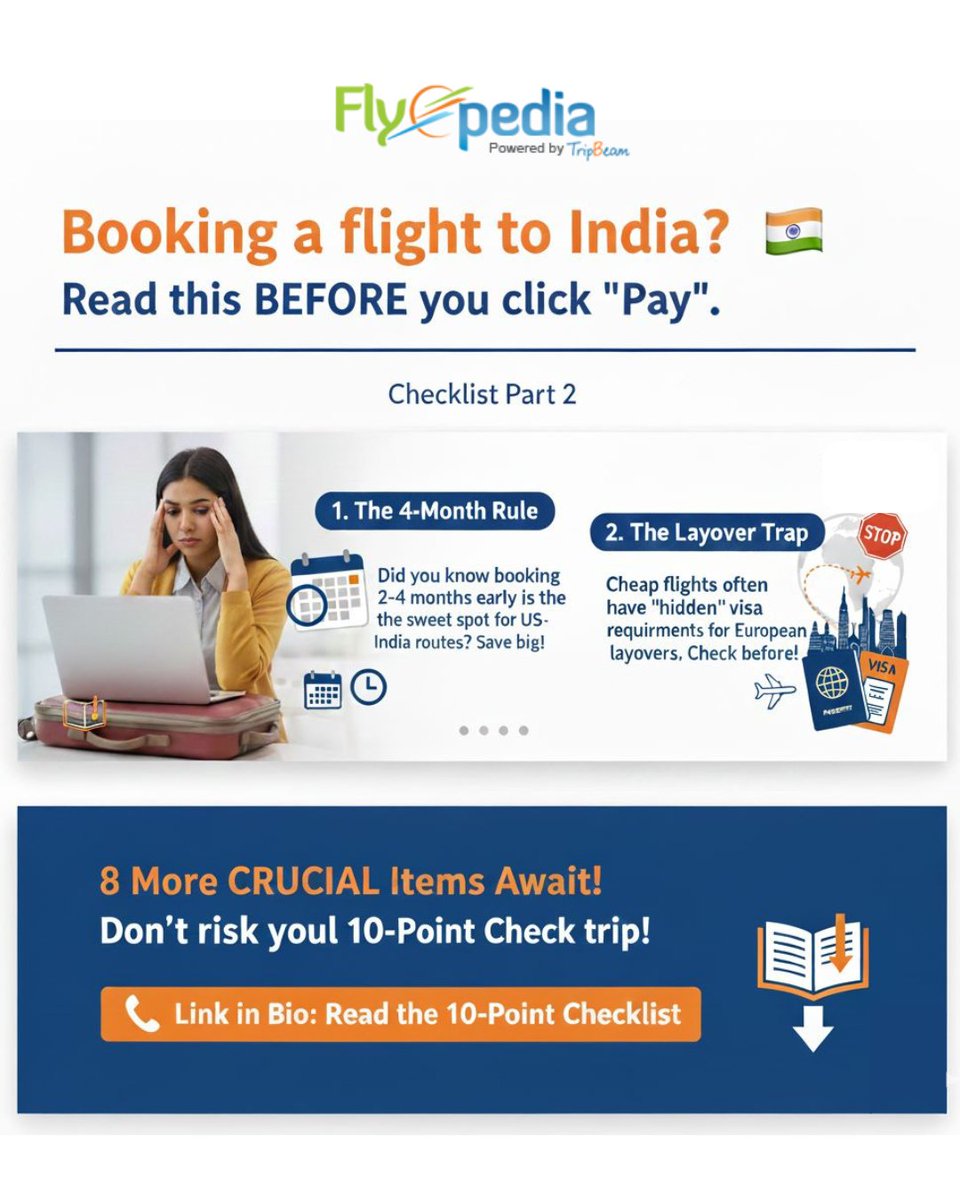 flyopedia's tweet photo. Booking a flight to India? ✈️
“Pay” button dabane se pehle yeh must-read checklist dekhna zaroori hai 👀

From the 4-Month Booking Rule to avoiding hidden layover visa traps, yeh blog aapko costly mistakes se bachata hai 💡

👉 Read the full blog here: [https://t.co/fENkSh2B28] https://t.co/TzZij4D4pE