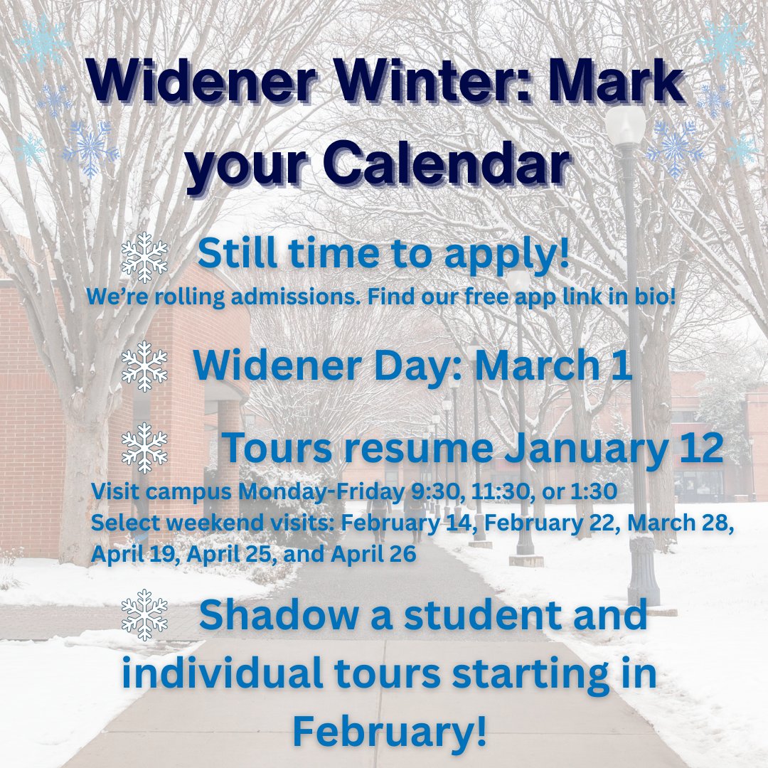 As you're making holiday (and post-holiday!) plans, pencil in some time to visit Widener and apply! 
#wideneruniversity #choosewidener #widenerwinter