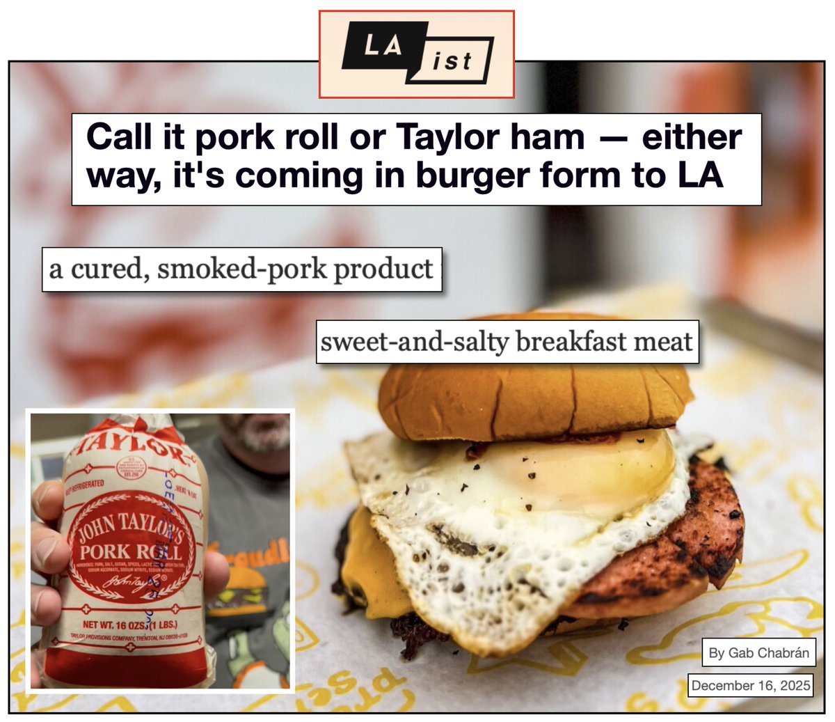 VegMediaWatch's tweet image. In a 750 word feature story celebrating "pork roll" burgers, @Laist fails to mention that "cured" and "smoked" pig products are, like cigarettes, a class 1 carcinogen (according to the WHO). @gabchabran - if you're going to promote processed meat, shouldn't you warn your readers…