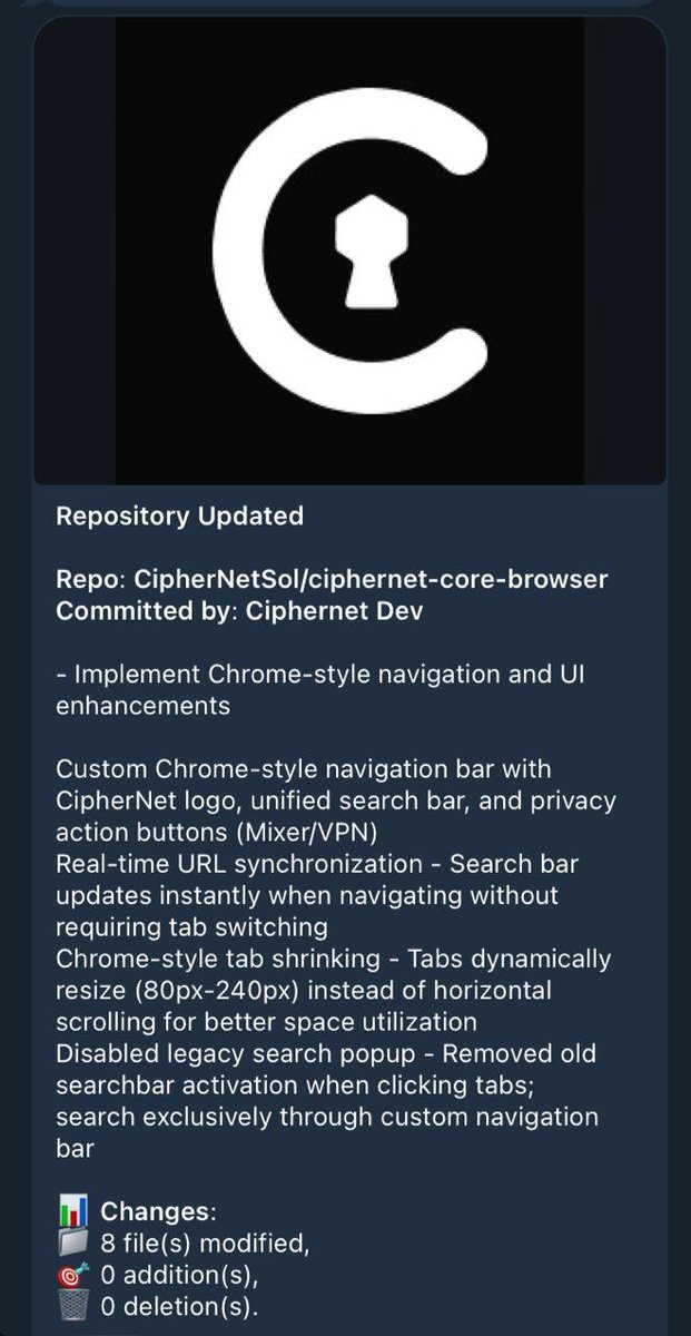 Repo Update | CypherNet Core Browser
Just me.
My table.
One cup of coffee ☕
And non-stop coding.

Pushed a major UI + navigation upgrade to the CypherNet core browser:
• Chrome-style navigation &amp; cleaner UI
• Unified search bar + real-time URL sync
• Dynamic tab resizing (no