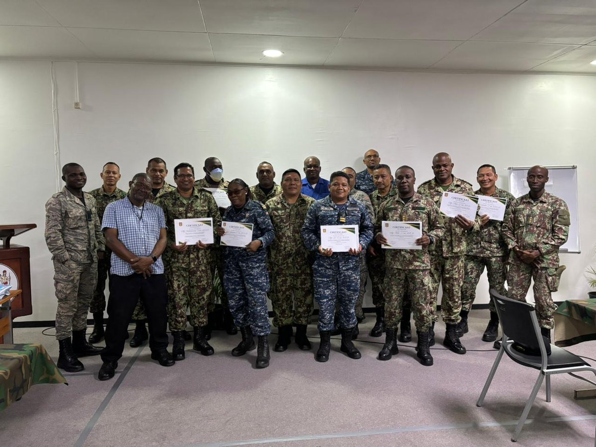 WKioeASen's tweet photo. The Suriname Armed Forces Organize Table Top Exercise (TTX)
The Suriname Armed Forces organize a Table Top Exercise (TTX) on December 16th and 17th in preparation for an operation. The goal of this exercise was to test decision-making, procedures, coordination, and interoperability without physically deploying troops.
A TTX, according to NATO standards, is a structured, scenario-driven exercise in which staff members, planners, and commanders respond—physically or digitally—to incidents, disasters, dilemmas, and operational challenges.
Fifteen officers from the S-staffs of the various branches of the armed forces participated in the exercise. At the end of the training, they received a certificate of participation. The TTX was organized by G3 of the armed forces.