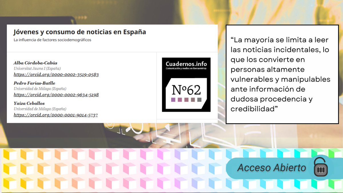 CuadernosInfo's tweet photo. ¿Cómo se informan los jóvenes hoy? 🤔📱
En base a un cuestionario en línea a personas de entre 15 y 24 años, los autores de este artículo analizan el fenómeno en España 🇪🇸, y su relación con la desinformación.
Léelo acá: https://t.co/QvWIW3zZgH

#RRSS #comunicación #academia https://t.co/QigcewHIUw