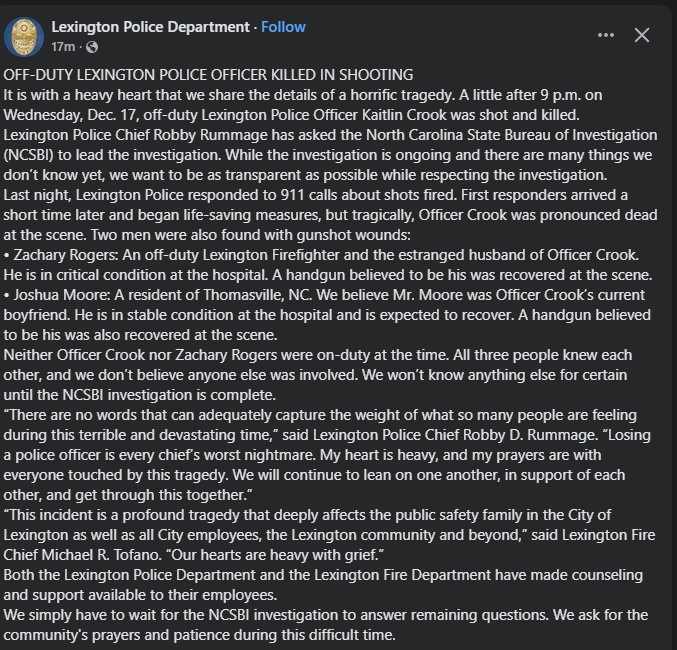 Off-duty Lexington Police Officer shot and killed last night.