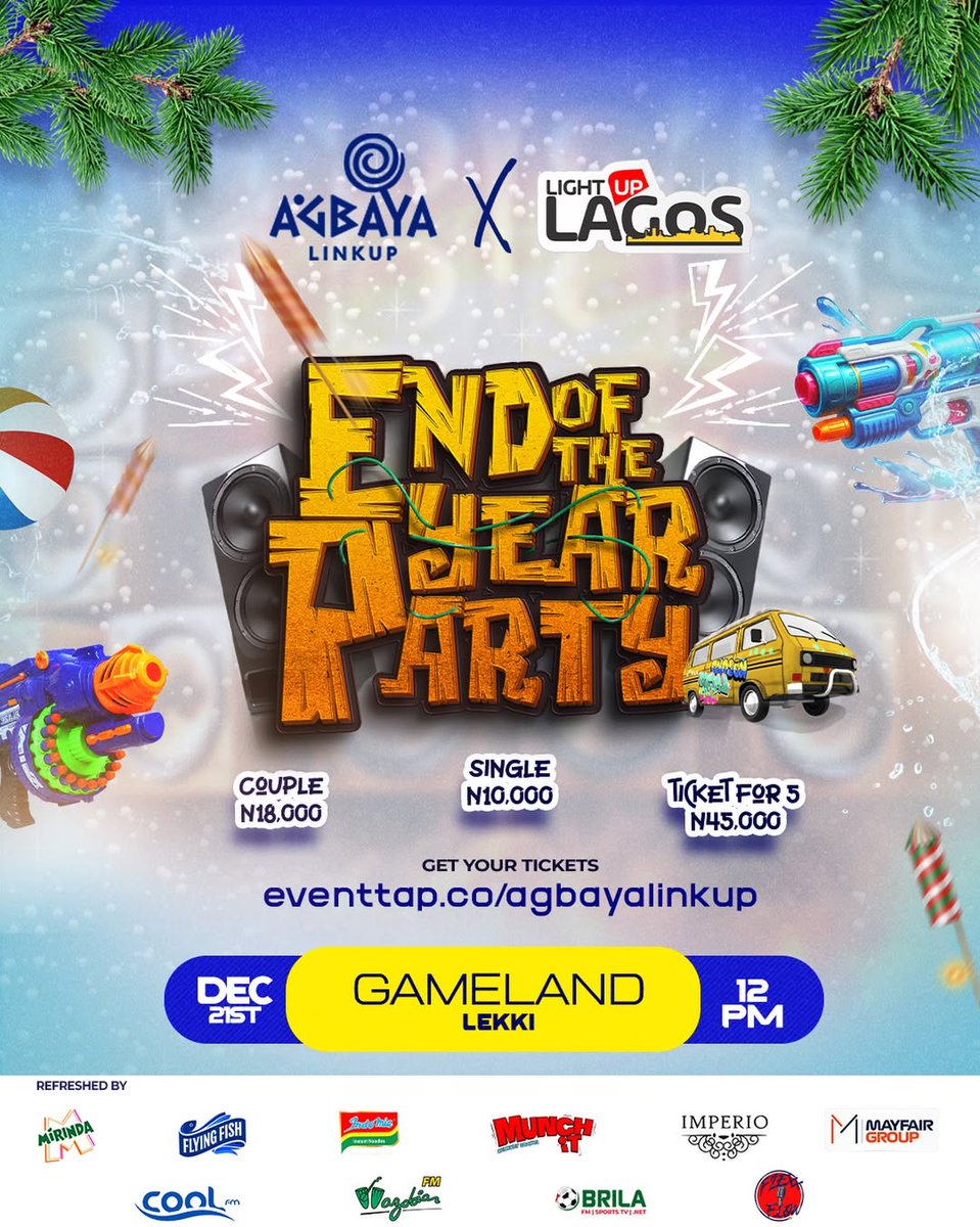 It's time!!!!!!!!!

It's another nostalgic season, and we can't wait to have you on this one!!!

Kindly click on the link to get your tickets 👇🏽

eventtap.co/agbayalinkup 

📍 Gameland, Lekki
📅  Dec 21st
⏲️  12 pm
