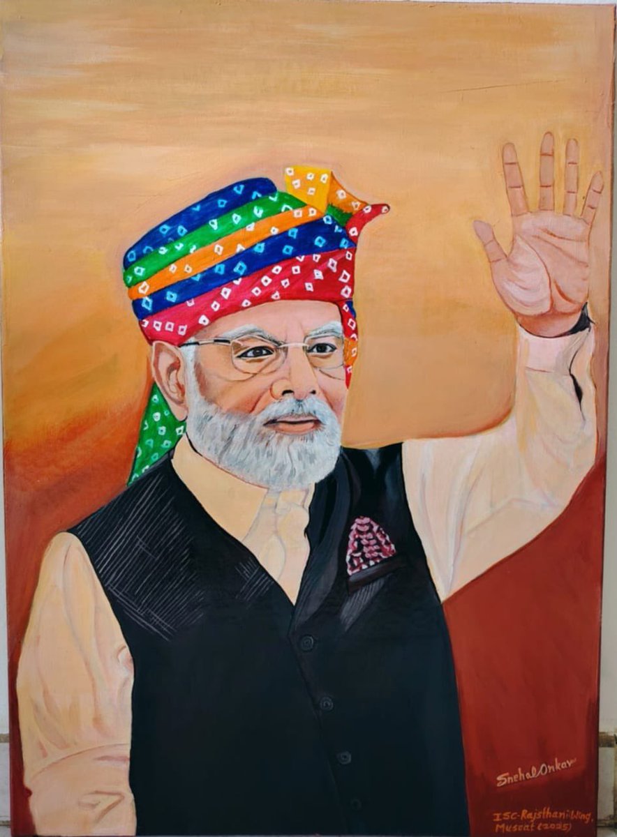 onkarbhutada's tweet photo. It was truly a great pleasure and an emotional moment to see Hon’ble PM @narendramodi ji in Oman. My wife Snehal created a beautiful painting that she wished to gift you, though unfortunately she couldn’t meet you personally. #ModiInOman https://t.co/pqNMQmmxGF