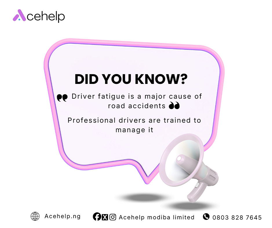 acehelp_ng's tweet photo. 🚗  Tired drivers have slower reactions and reduced focus, increasing crash risk.
Road safety starts with rest.
✨ Choose peace of mind on the road
BOOK A PROFESSIONAL DRIVER TODAY

📚 Source: Brake (UK) #RoadSafety #DriverFatigue https://t.co/PqN6EAP81C