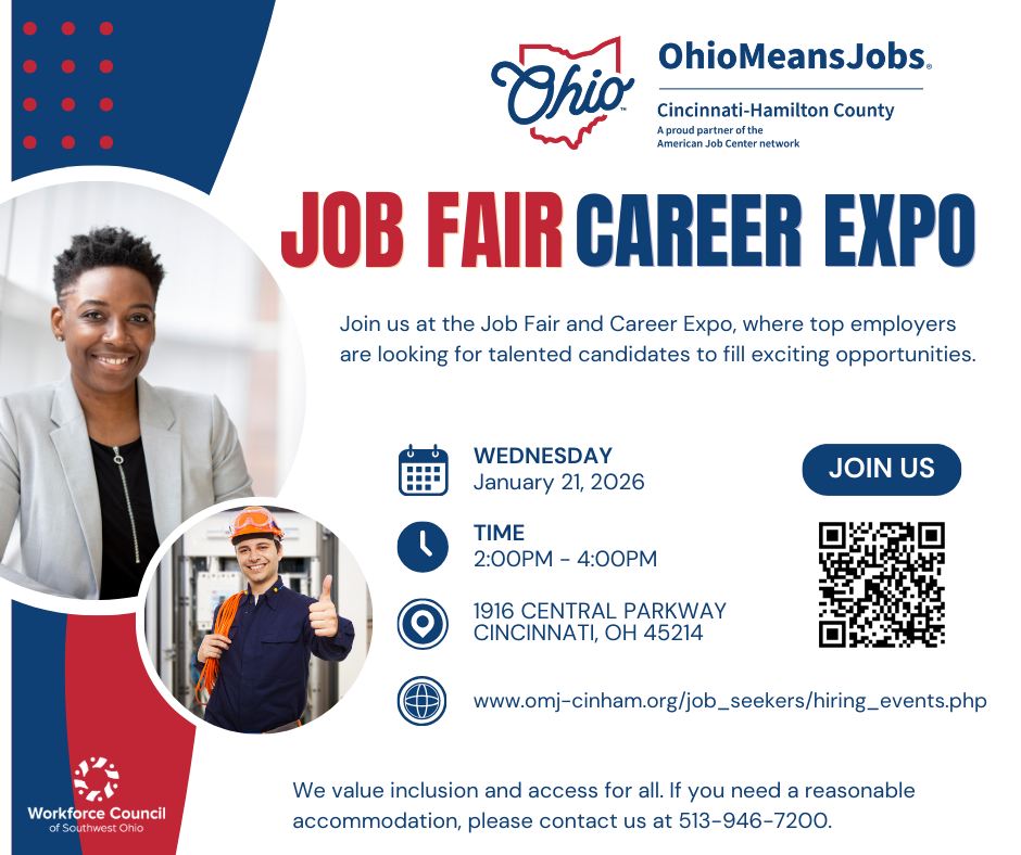 Mark your calendars for our first Job Fair of 2026!
 📅 - Wednesday, January 21
🕰️ - 2-4 PM 
📍 - 1916 Central Parkway