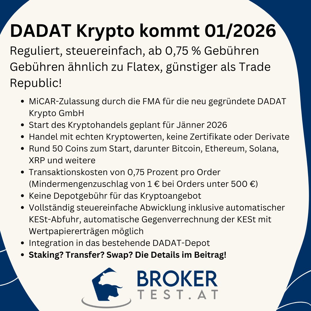 brokertest_at's tweet photo. DADAT Krypto kommt 01/2026, reguliert, steuereinfach, ab 0,75 % Gebühren
Gebühren ähnlich zu Flatex, deutlich günstiger als Trade Republic!
https://t.co/oYob2bXvij
#dadat #krypto #crypto #steuereinfach #reguliert #micard #kostenguenstig https://t.co/AALAkYc2Ki