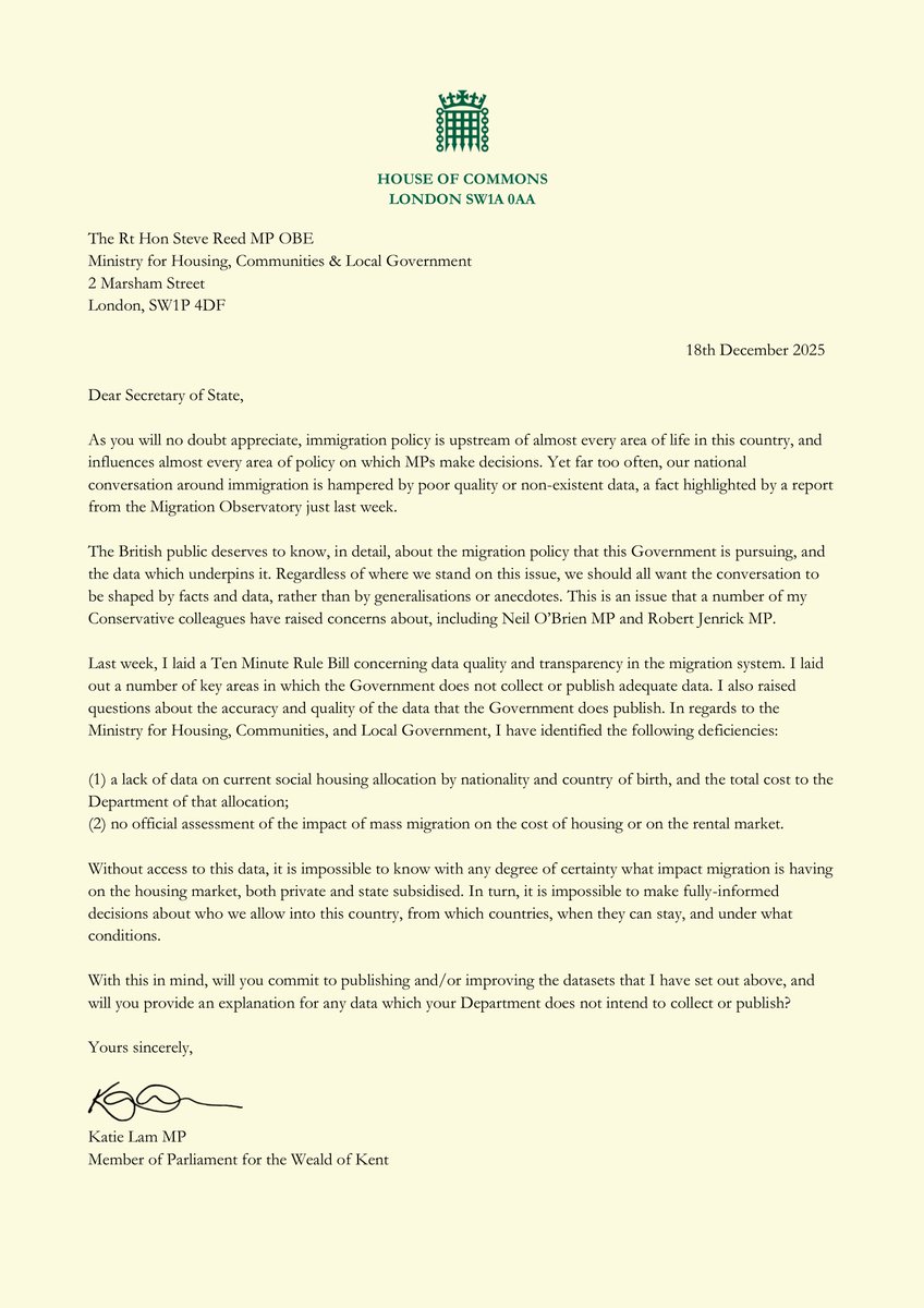 The Government won't publish the full data on how migration impacts house prices or rents - and won't even tell us how many foreign nationals are getting social housing.

I've written to the Housing Secretary, asking him to publish this data in full or explain why he won't.