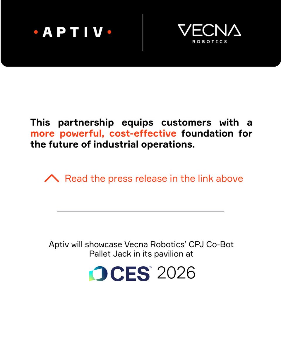 Aptiv's tweet photo. 🤝 @Aptiv 𝗮𝗻𝗱 @VecnaRobotics 𝗮𝗿𝗲 𝗰𝗼𝗹𝗹𝗮𝗯𝗼𝗿𝗮𝘁𝗶𝗻𝗴 𝘁𝗼 𝗱𝗲𝘃𝗲𝗹𝗼𝗽 𝗻𝗲𝘅𝘁-𝗴𝗲𝗻𝗲𝗿𝗮𝘁𝗶𝗼𝗻 𝗔𝘂𝘁𝗼𝗻𝗼𝗺𝗼𝘂𝘀 𝗠𝗼𝗯𝗶𝗹𝗲 𝗥𝗼𝗯𝗼𝘁𝘀 (𝗔𝗠𝗥𝘀)
📰 More Info: https://t.co/YdXFuxN9UG
#AutonomousMobileRobots #AMR #Robotics https://t.co/TZirVs9a2m