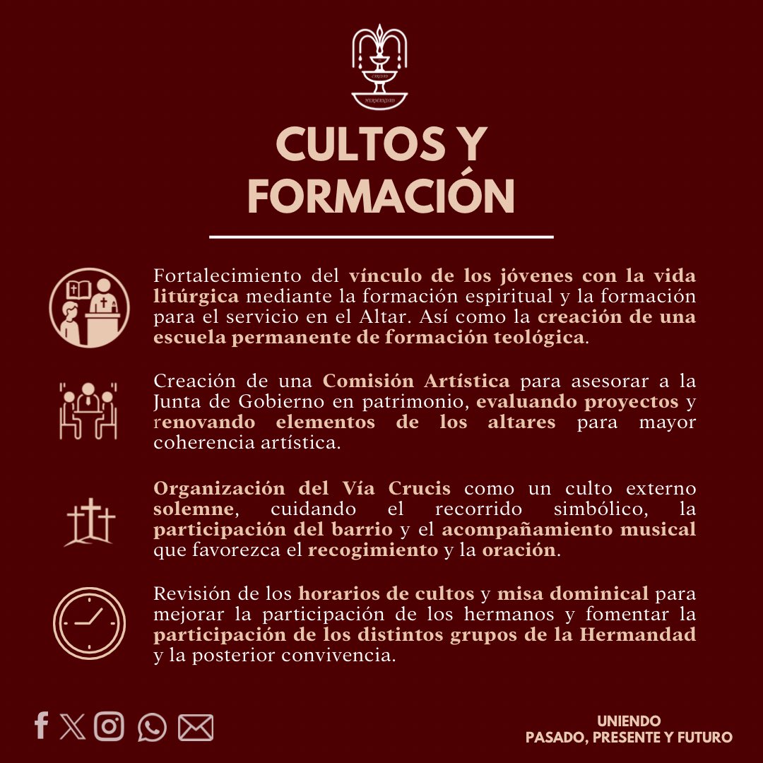 CULTOS Y FORMACIÓN | Fortalecimiento del vínculo de los jóvenes con la vida litúrgica , creación de una escuela de formación teológica, impulso de una Comisión Artística, organización del Vía Crucis como culto externo solemne y revisión de horarios.
#CandidaturaGonzaloPérezOliver
