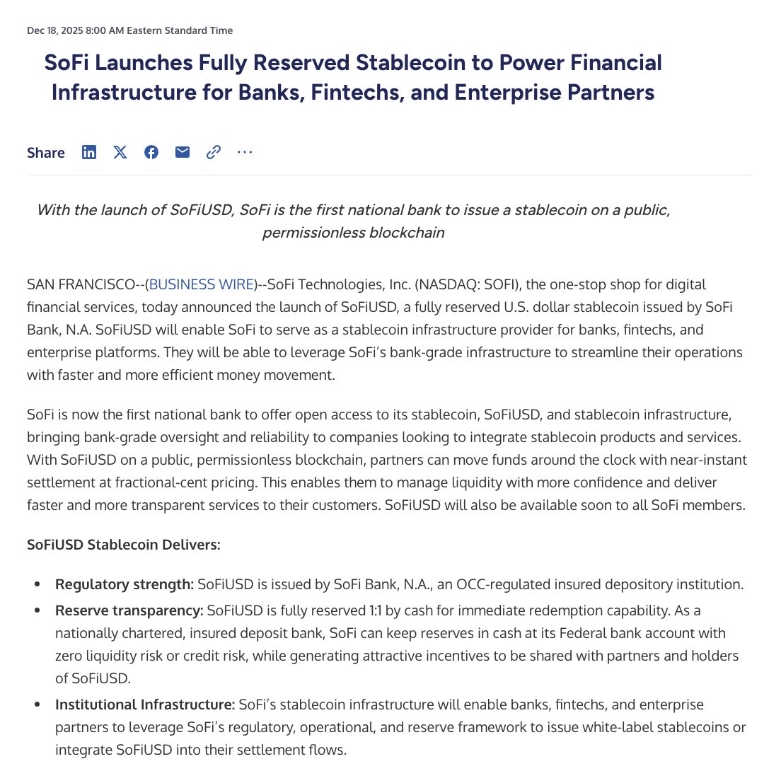 🔵MARKETEVANS: "SoFi lancia SoFiUSD: la nuova stablecoin riservata in dollari statunitensi"