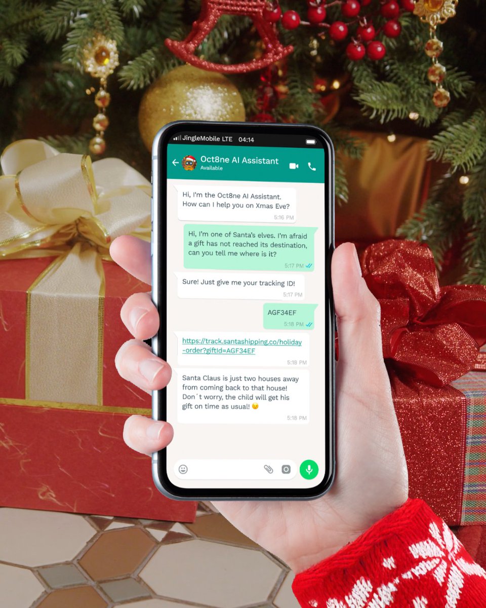 Oct8nechat's tweet image. 🎅🏻 Do it like Santa: implement Oct8ne so your customers can easily track their orders 24/7 and always know when they’ll arrive.

Rest easy. Oct8ne is in charge

#AIAssistant #CX #Automation #Ecommerce