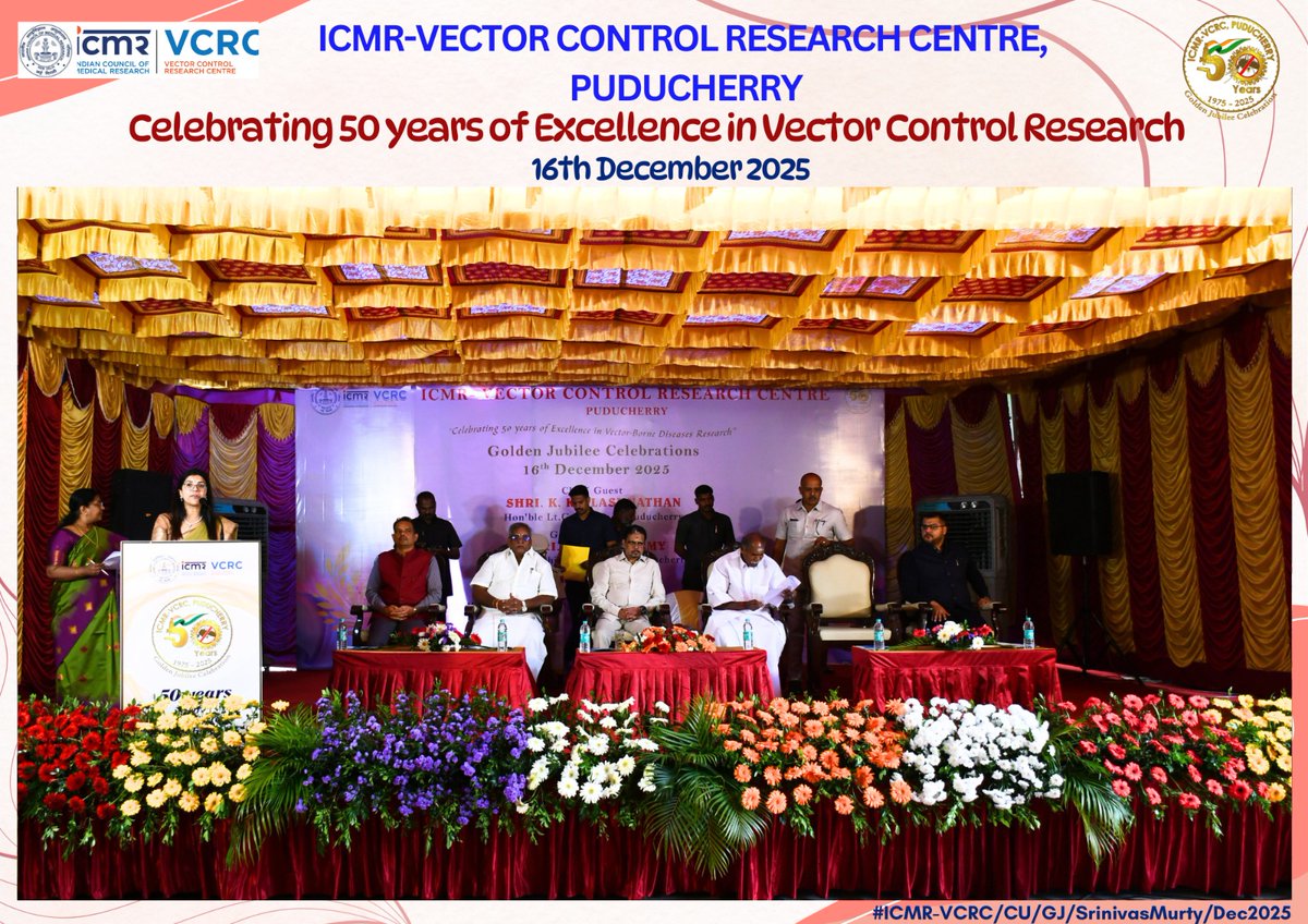ICMRNIVCR's tweet photo. Dr. @RahiManju, Director ICMR-VCRC, set the stage for #GoldenJubilee Celebrations at #VCRC50 with a warm welcome address! ๐ค Reflecting on 5 decades of relentless service in vector control. A proud moment for the entire VCRC family! ๐ฉโโ๏ธ๐ฎ๐ณ #Leadership #WomenInScience #Puducherry https://t.co/MqUgxFJyBb