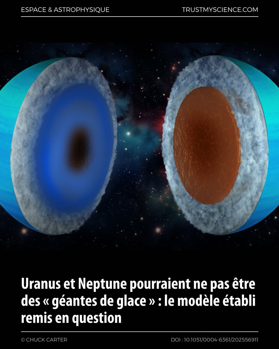 TrustMyScience's tweet image. De nouvelles simulations suggèrent qu’Uranus et Neptune pourraient être bien plus rocheuses que glacées, ce qui remet en question leur statut de « géantes de glace » et pourrait expliquer leurs champs magnétiques multipolaires.

trustmyscience.com/uranus-neptune…