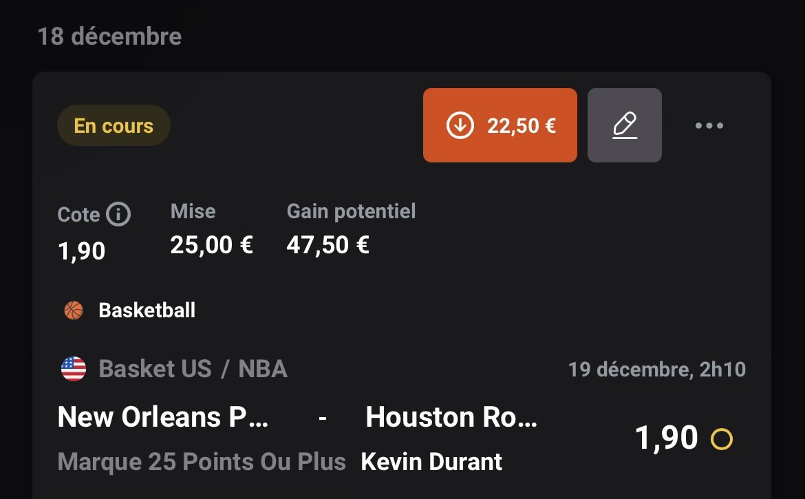 SknurtBetting's tweet image. 🗓️ 18/12 - #NBA Pick Public #1 :

⛹️ Kevin Durant 25+ points @ 1,90 | 1,25%

Matchup difficile pour Sengun face à Zion et Queen, j’attends plus de volume au tir pour KD ce soir contre la 4ème pire défense de la ligue.

👉 RT♻️ si tu suis &amp;amp; ❤️ si tu soutiens. GL 🍀