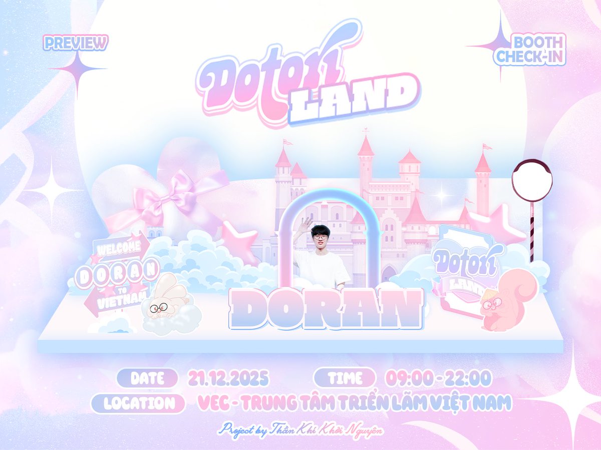 doranieeee's tweet photo. 𝐏𝐑𝐄𝐕𝐈𝐄𝐖 𝐁𝐎𝐎𝐓𝐇 𝐂𝐇𝐄𝐂𝐊-𝐈𝐍【WELCOME DORAN TO VIETNAM PROJECT】 🏰🇻🇳 

Trong hành trình chào đón em, tụi mình đã mở ra Dotori's Land - một vùng đất xinh đẹp được dựng nên từ tình cảm của Dotori dành cho Doran 🎀

📆 Thời gian: 9:00 – 22:00 | ngày 21/12/2025
🌟 Địa điểm: Khuôn viên bên ngoài Trung tâm Triển lãm VEC

Booth check-in được lấy cảm hứng từ một lâu đài nhỏ mộng mơ tại vùng đất Dotori - nơi những gam màu dịu dàng chạm vào nhau như ánh nắng sớm. Không phô trương hay xa hoa, đó chỉ là một chốn dừng chân của cảm xúc, được dựng lên từ sự ấm áp và nâng niu.
Ở Dotori’s Land, tụi mình cùng lưu giữ những khoảnh khắc thật đẹp và gửi đến Doran một lời chào nồng hậu, để tình cảm dành cho em hiện diện theo cách dễ thương và chân thành nhất 🩷
#DORAN #WELCOMEDORANTOVIETNAM