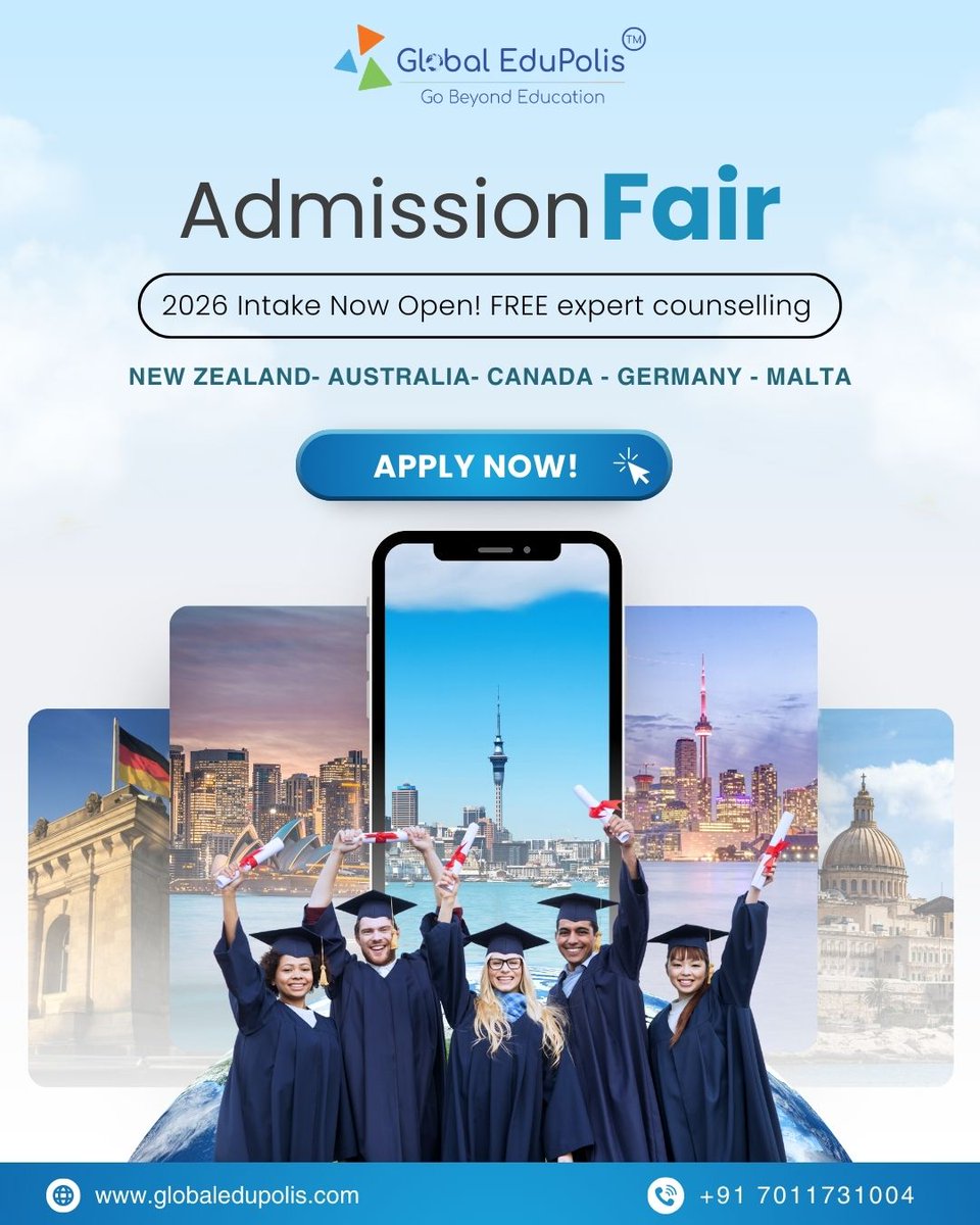 Thinking about studying abroad in 2026? ✈️🎓

Join our Admission Fair and get FREE expert counselling for top study destinations like Canada, Australia, Germany &amp; more.

Your global future starts here!

📞 Call / WhatsApp: +91 7011731004
🌐 Visit: globaledupolis.com