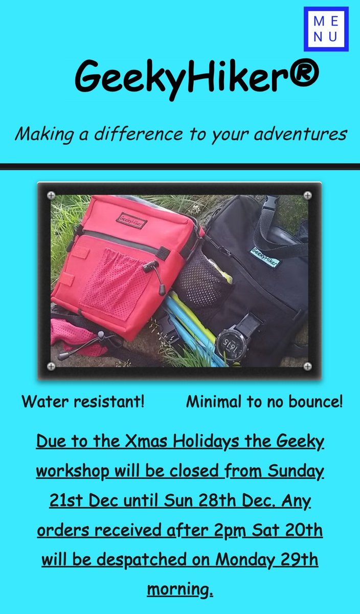 Don't forget GeekyHiker will be closed for 1 week during the holidays. Any correspondence will also be put on hold until my return on Monday 29th.
Stock will gradually be replenished again from Monday 29th. 
geekyhiker.co.uk 
#ultra #hike #trailrun #walks #fastpacking