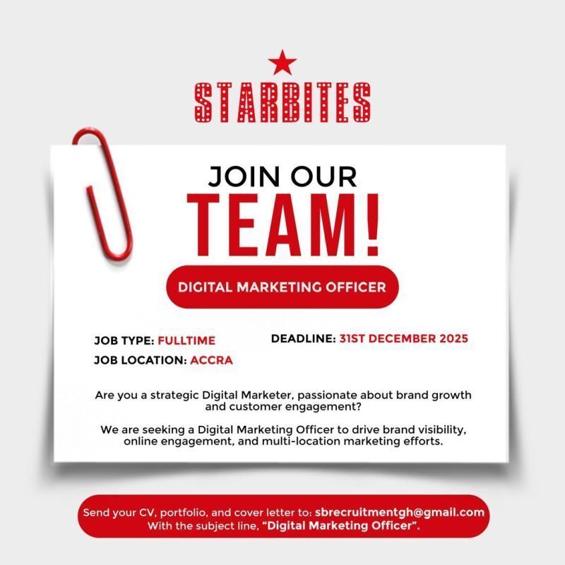 Are you a strategic Digital Marketer? Starbites is hiring in Accra!

Apply by: 31st December, 2025

To Apply: send your CV + Portfolio + Cover Letter to sbrecruitmentgh@gmail.com

CareerOpportunity MarketingJobs Ghanajobs GigsnMore