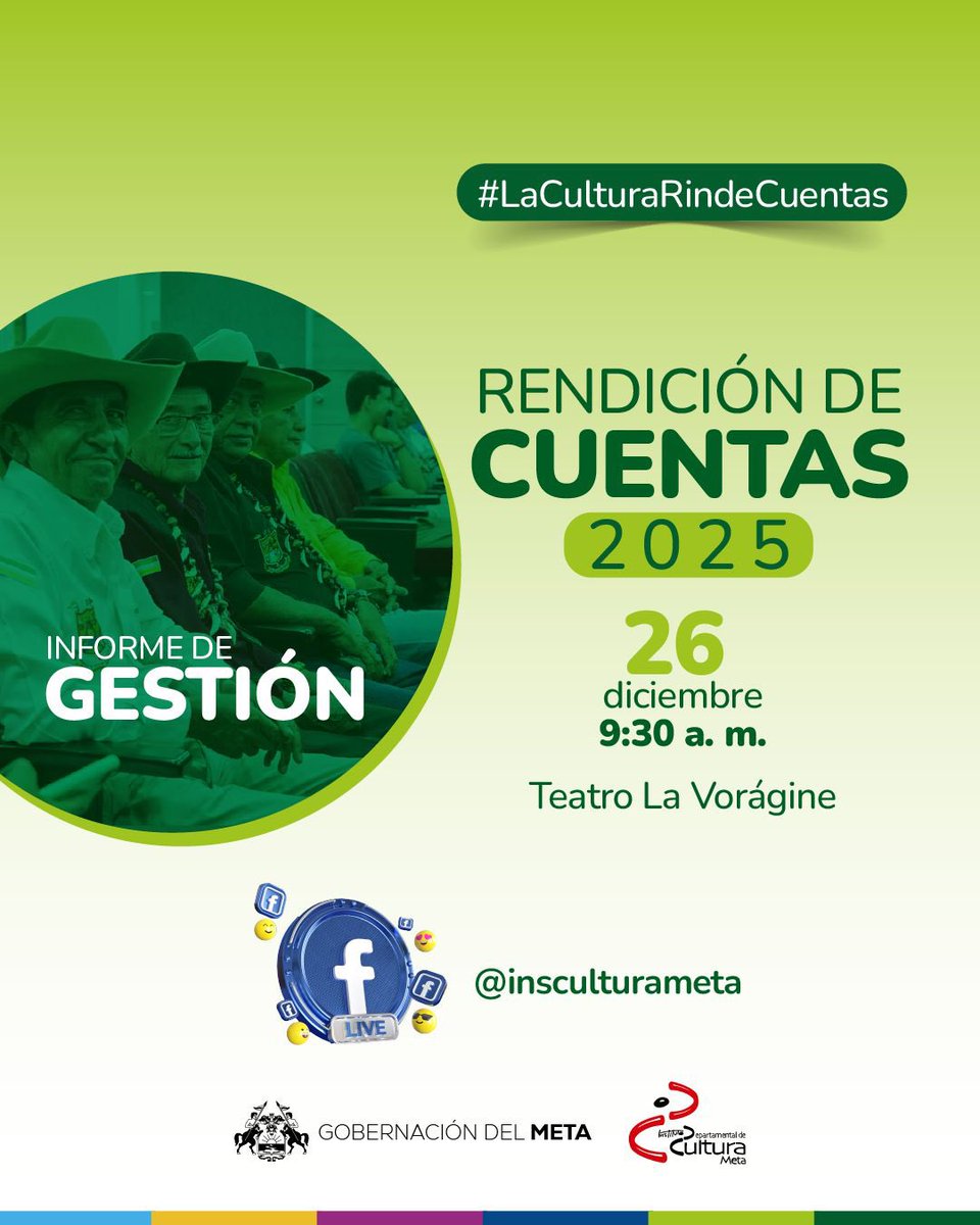El IDCM invita a la comunidad a participar en la Rendición de Cuentas 2025, un ejercicio de transparencia y diálogo.

🗓️ Viernes 26 de diciembre
🕤 9:30 a. m.
📍 Teatro La Vorágine
💻 Transmisión en vivo a través de Facebook Live

¡La cultura rinde cuentas!