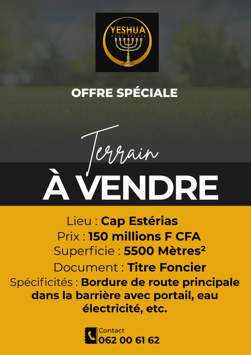 TERRAIN À VENDRE 
CAP ESTERIAS 
150 000 000 FCFA 
5500 mètres carrés 
TF
#immobilier Haut Standing 
#immobilier de Luxe
#immobilier sur mesure
#immobilier "Haute Couture"
Nous democratisons le Luxe
#Gabon 
#promotionimmobiliere 
#fepig 
#yeshuarealestate