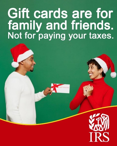 JCUnitedWay's tweet photo. Don’t let grinchy scammers ruin holiday gift card giving! Be on the lookout for #IRS impersonators who demand immediate payment by gift card over the phone, through text message or social media.  Beware of these scams and report them: https://t.co/8zXYKZxza6 https://t.co/CxsrwOtHuf