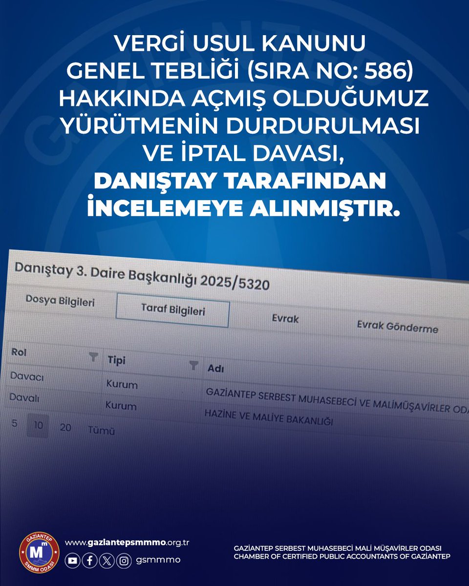 Gsmmmo's tweet photo. Vergi Usul Kanunu Genel Tebliği (Sıra No: 586) hakkında Odamız tarafından açılan
yürütmenin durdurulması ve iptal davası,
Danıştay tarafından incelemeye alınmıştır.

Detaylar için; https://t.co/bK0FxOF1Vf

Gaziantep Serbest Muhasebeci
Mali Müşavirler Odası https://t.co/kaOe62OUbu