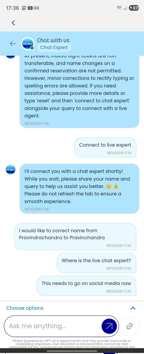 weeeeeeshal's tweet photo. @IndiGo6E After the recent backlash I was supportive of Indigo but seems like you made me regret my decision. Your chatbot never connects to live agents so why dont you shut it down? https://t.co/TlyQajKaXm