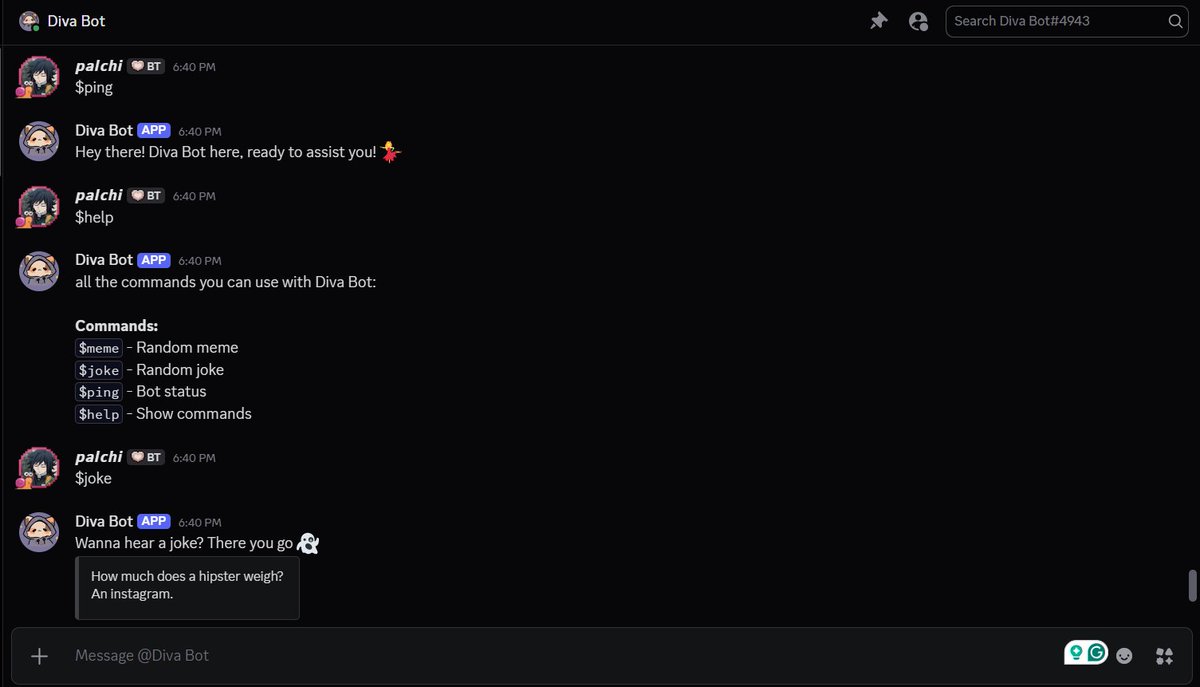 palchhinx's tweet image. day 17 of #30NitesofCode
today, I decided to add more features to the bot i made, and you know what i named it "Diva Bot" lol.
deployed on render so that it can be online 24/7. tbh i got to learn a lot and yes i did do vibe coding.