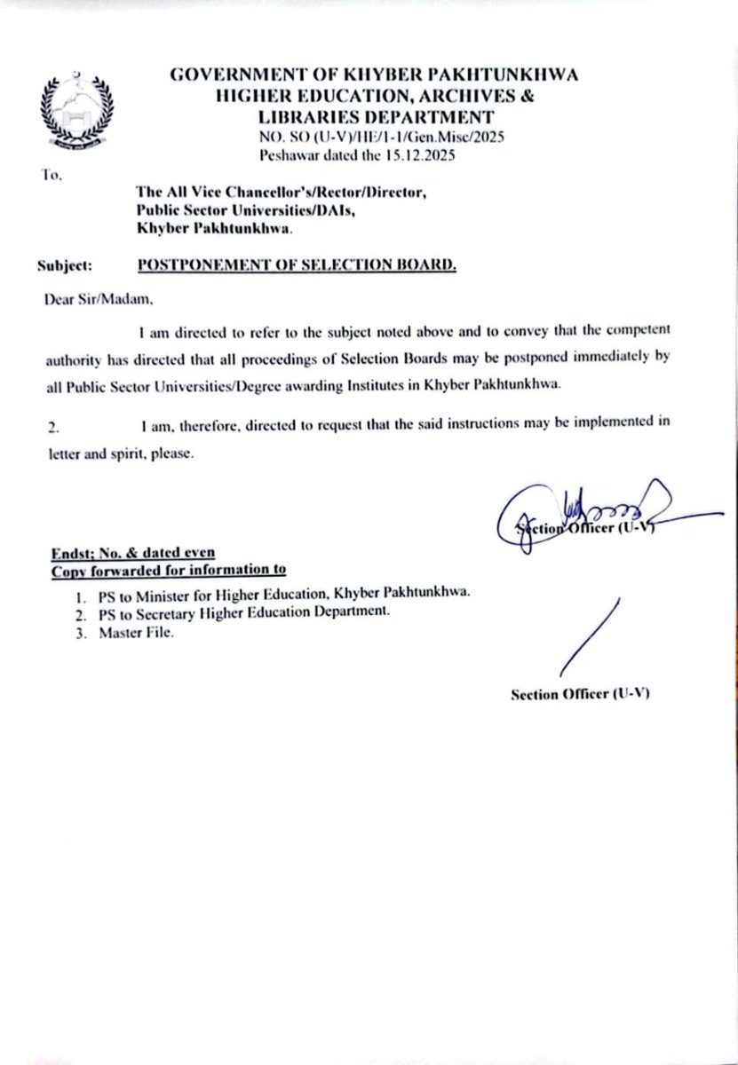 خیبرپختونخوا میں سرکاری جامعات کے سلیکشن بورڈز مؤخر، ہائر ایجوکیشن ڈیپارٹمنٹ نے تمام پبلک سیکٹر یونیورسٹیوں میں سلیکشن بورڈز کے اجلاس فوری طور پر ملتوی کر دیے۔
اعلامیہ کے مطابق سلیکشن بورڈز کی تمام کارروائیاں اگلے احکامات تک روک دی گئی ہیں۔

<a href="/MeenakhanAfridi/">Meena Khan Afridi</a> 
#rgviews
