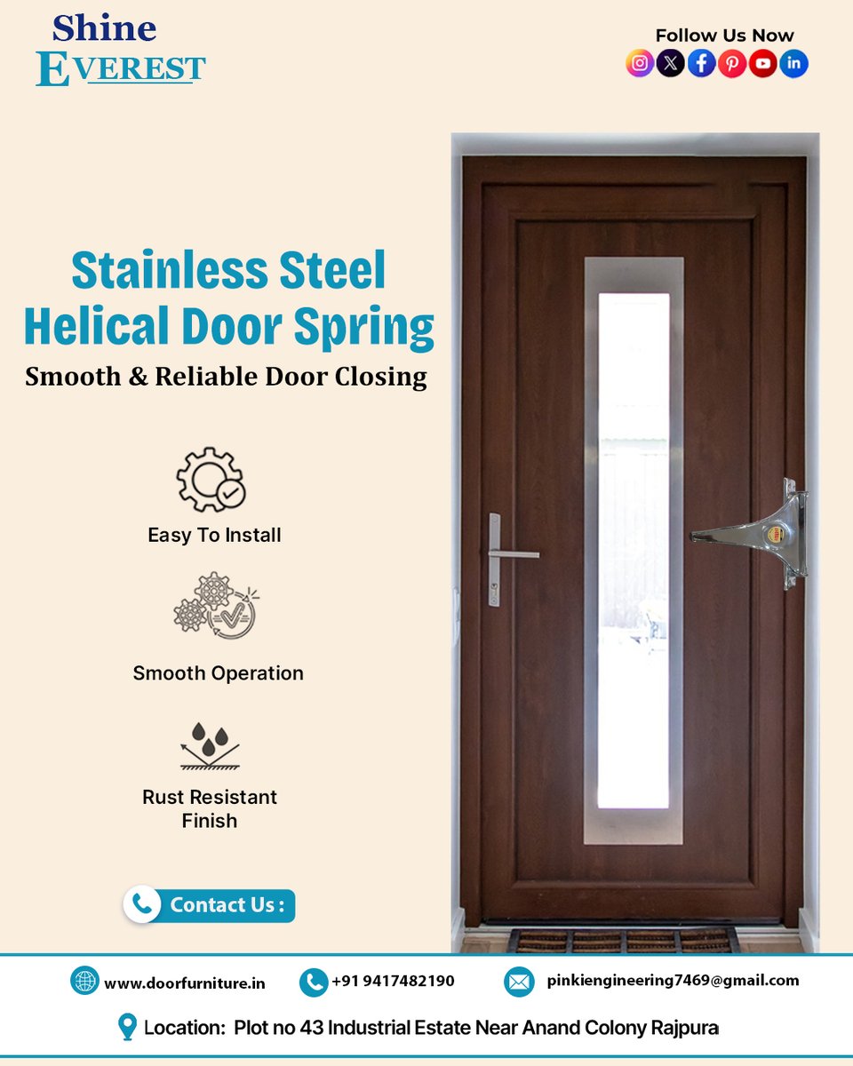 pinkieng25's tweet image. Smooth door closing made easy!
Introducing Shine Everest Stainless Steel Helical Door Spring — strong, smooth &amp;amp; rust-resistant.
✔ Easy to install
✔ Smooth operation
✔ Long-lasting performance
Perfect for homes &amp;amp; commercial spaces.
📞 Contact us today!
#ShineEverest #DoorSpring