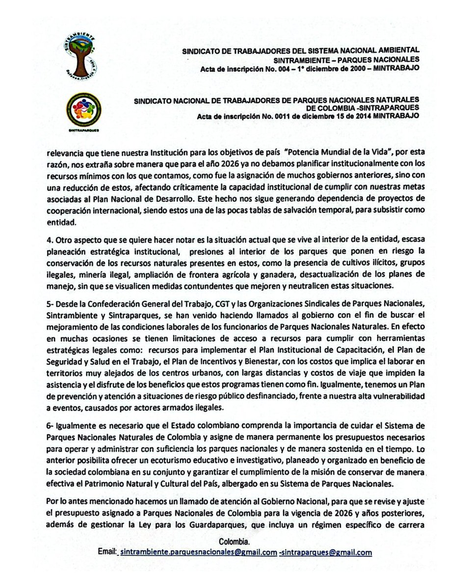 SintrambienteNa's tweet photo. Las organizaciones sindicales de @ParquesColombia hacemos un llamado al presidente @petrogustavo, para que se apoye el trabajo de la personas que cuidan el corazón, de la #PotenciaDeLaVida y #ElPaisDeLaBelleza 
#SinGuardaparquesNoHayConservación  @MinAmbienteCo @ParquesComoVan https://t.co/VYHiEo4E0D