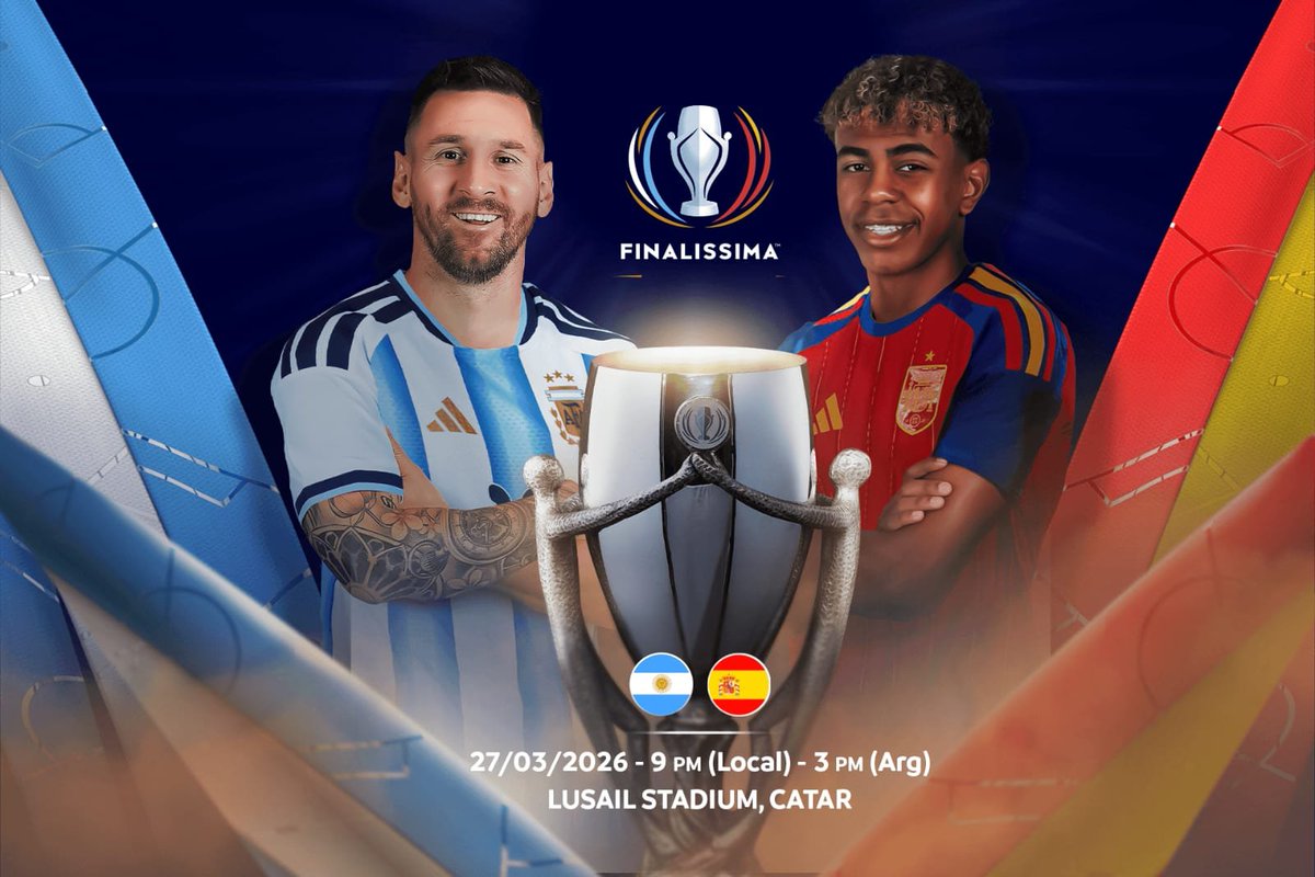 okdobleamarilla's tweet photo. 🚨 #AHORA | ¡FINALISSIMA CONFIRMADA! 

📌 La #SelecciónArgentina 🇦🇷 y la #SelecciónEspaña 🇪🇸 se enfrentarán el viernes 27 de marzo

⭐ El trofeo se volverá a disputar en el Estadio Lusail de Qatar https://t.co/jnrYFRWotG