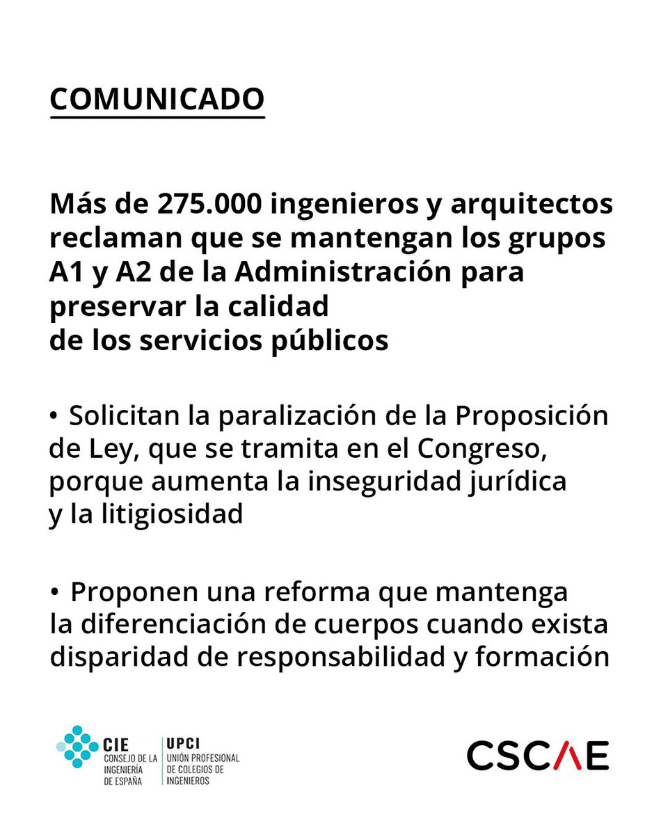 🔴 Comunicado conjunto del Consejo y los Colegios de Arquitectos y de los Consejos y Colegios de Ingenieros contra la Proposición de Ley que pretende unificar los grupos A1 y A2 en la Función Pública.

Léelo en este enlace:
cscae.com/index.php/csca…