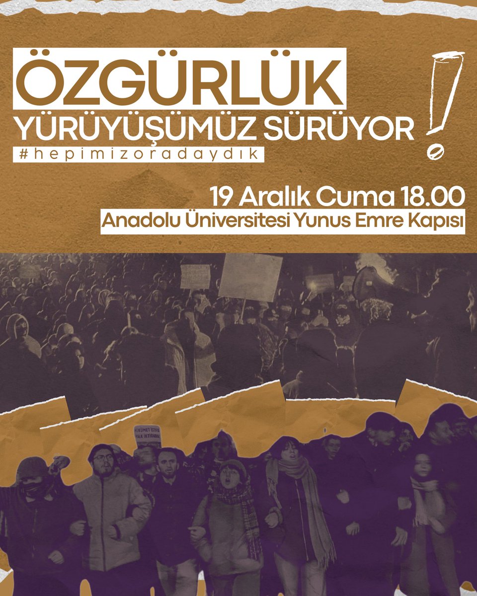 eskisehiruda1's tweet photo. İzmir'de 19 Mart eylemlerine katıldıkları için tutuklanan sıra arkadaşlarımızın yanındayız!

19 Mart'ın 9. ayında, haksız tutuklamalara karşı dayanışmayı büyütüyoruz.

📍Anadolu Üniversitesi Yunus Emre Kapısı
��️19 Aralık Cuma
🕕18.00

#hepimizoradaydık https://t.co/r7uhGOAJmk
