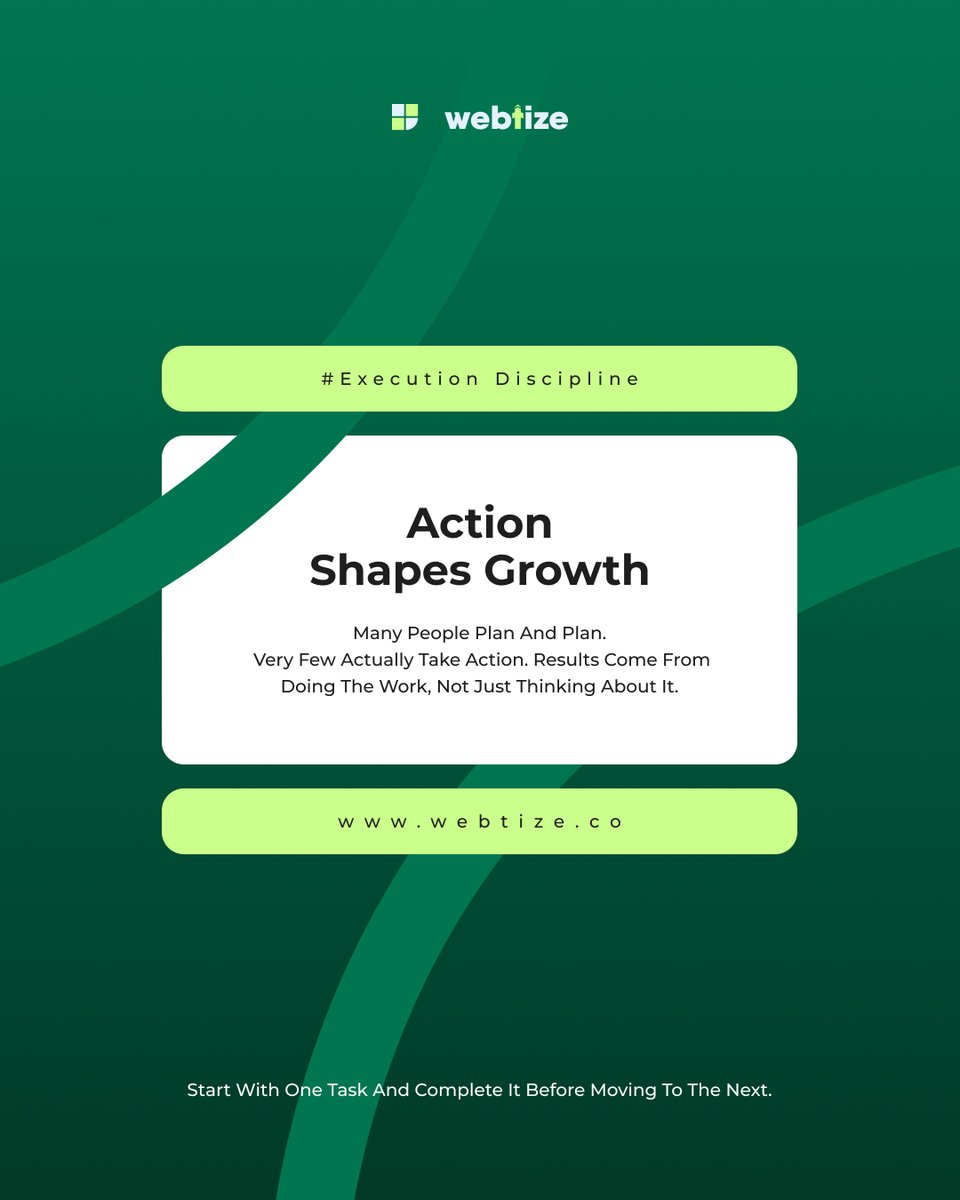WebtizeCo's tweet photo. Why do most plans never turn into results?

Because planning feels productive.

Execution actually is.

Webtize believes growth comes from disciplined action.

#ExecutionDiscipline #BusinessGrowth #Webtize #ActionShapesGrowth #BusinessExecution #DigitalStrategy https://t.co/U0FiO1GC1o