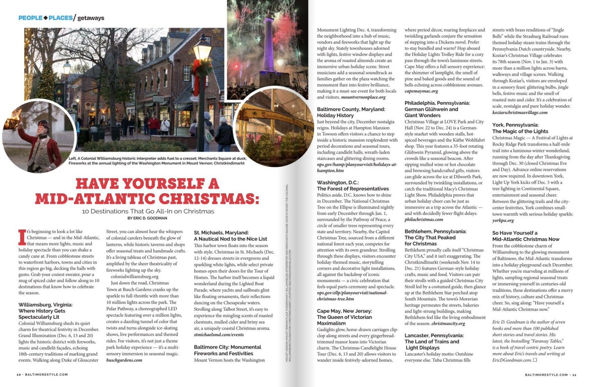 edgewrite's tweet image. The Mid-Atlantic dresses up for Christmas. My latest article in Baltimore Style Magazine highlights ten regional destinations where the holiday spirit shines.
Learn more at: writeful.blogspot.com

#MidatlanticChristmas #Holidaytravel #BaltimoreStyle