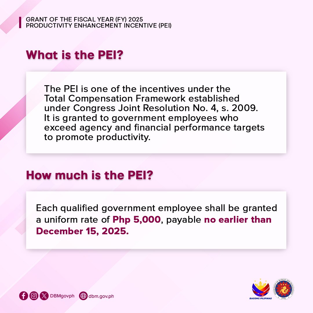 DBMgovph's tweet photo. READ: Guidelines on the grant of the FY 2025 Productivity Enhancement Incentive (PEI)
For more information, download Department of Budget and Management (DBM) Circular Letter No. 2025-13: https://t.co/TyNsEU1uNn
#DBMatWork https://t.co/uQUNZBbKWy