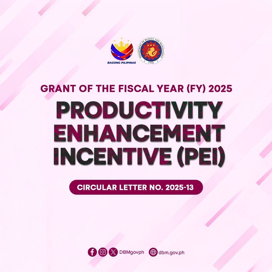 DBMgovph's tweet photo. READ: Guidelines on the grant of the FY 2025 Productivity Enhancement Incentive (PEI)
For more information, download Department of Budget and Management (DBM) Circular Letter No. 2025-13: https://t.co/TyNsEU1uNn
#DBMatWork https://t.co/uQUNZBbKWy
